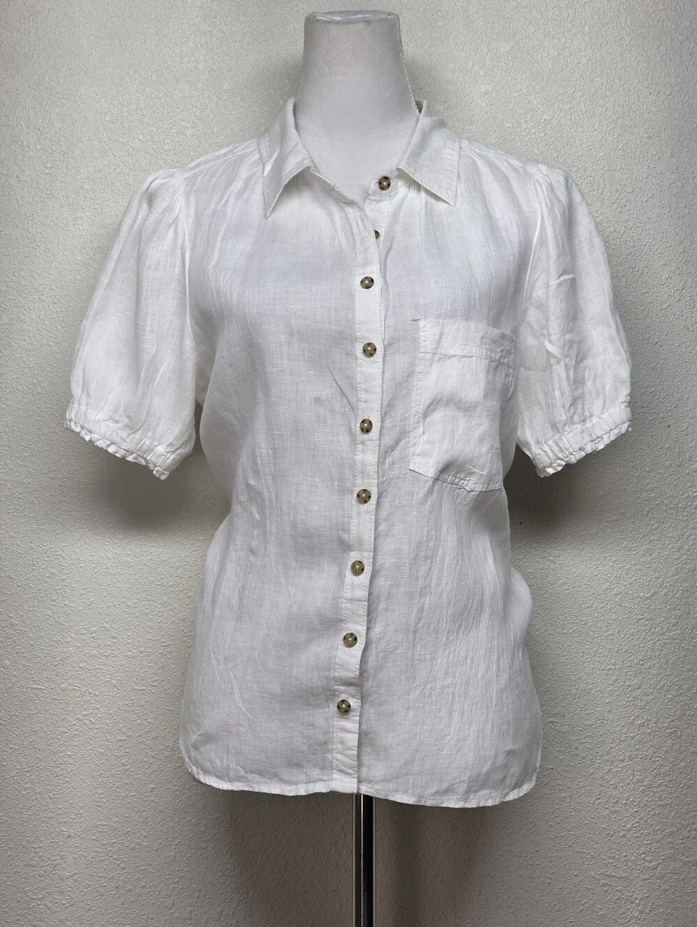 Pilcro Anthropologie White Linen Puff-Sleeve Button Front Blouse